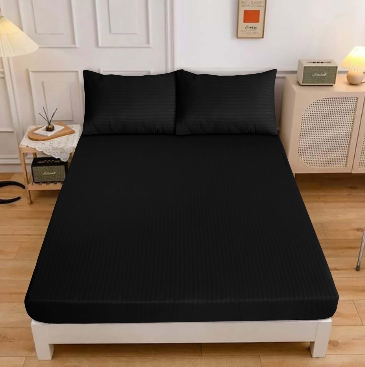 Satin stripe fitted sheet